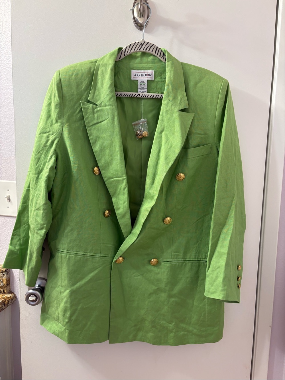 JG Hook Double -Breasted Green Women's Blazer Jacket Size 14 WP Linen/Rayon/Poly